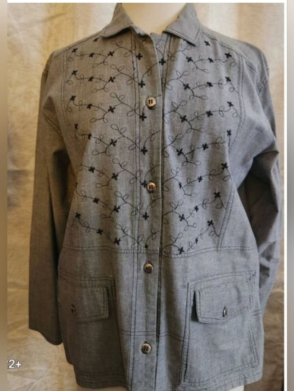 Outbrook Womens Grey Utility Button Up Shirt Jacket w Black Floral Embroidery